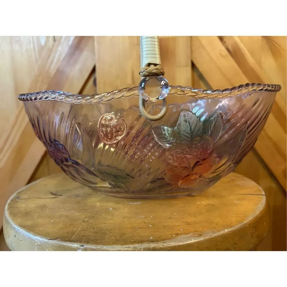 ADERIA Vintage Glass Fruit Bowl Basket Has Handle Color Purple Pink Green Grapes